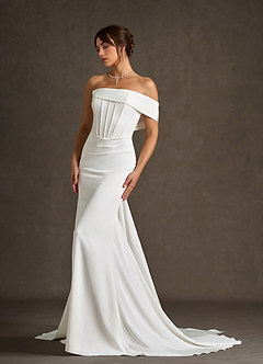 Azazie Grace Wedding Dresses Diamond White Mermaid Off the Shoulder Crepe Back Satin Dress image7