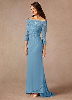Azazie Rhonda Mother of the Bride Dresses Steel Blue Mermaid Off the Shoulder Mesh Dress image4