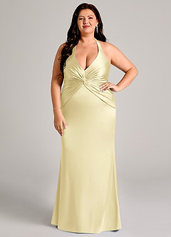 Azazie Valerie Bridesmaid Dresses Lemon Sorbet Mermaid Pleated Stretch Satin Dress image7