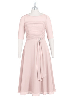 Azazie Naomi Mother of the Bride Dresses Blushing Pink A-Line Boatneck Pleated Chiffon Dress image7