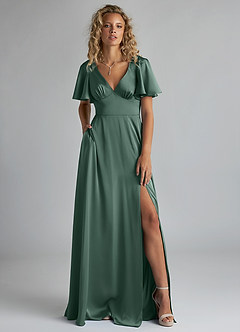 Azazie Kimber Bridesmaid Dresses Eucalyptus A-Line Ruched Stretch Satin Dress image1