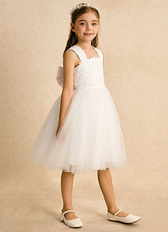 Azazie Dimple Flower Girl Dresses Ivory White Alabaster Ball-Gown Lace Tulle Dress image3