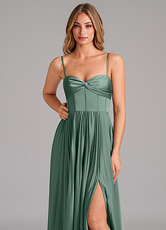 Azazie Akiko At-home Try On Dresses Agave A-Line Sweetheart Neckline Stretch Satin Dress image8