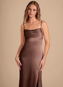 Azazie Camila Bridesmaid Dresses Espresso Sheath Sweetheart Neckline Metallic Satin Dress image2