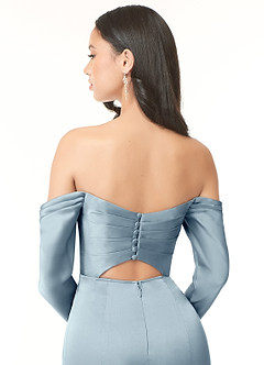 Azazie Hallie Bridesmaid Dresses Dusty Blue Sheath Off-The-Shoulder Long Sleeve Stretch Satin Convertible Dress image7