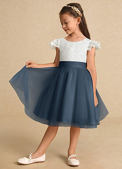 Azazie Vetty vestidos de niña de las flores Vestido de Marfil Azul Petróleo de Tul de Corte En A con Encaje image4