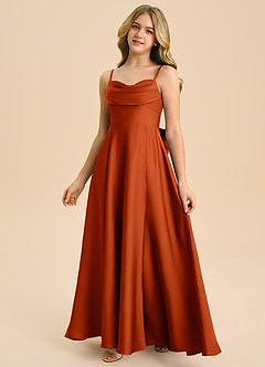 Azazie Bear Junior Robe Trapèze en Satin extensible Encolure en Forme de Cœur Paprika image4