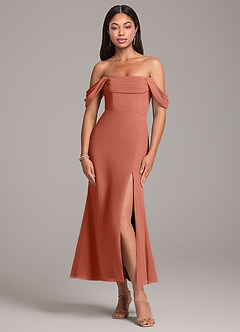 Azazie Saige Bridesmaid Dresses Clay Sheath Off the Shoulder Chiffon Convertible Dress image1