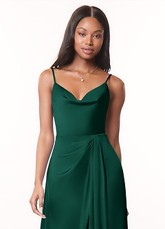 Azazie Brielle Robes de demoiselle d'honneur Robe Trapèze en Satin extensible Bretelles spaghetti émeraude image4