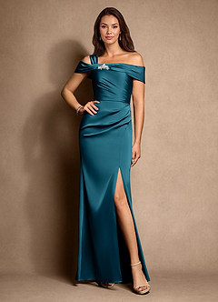 Azazie Altonia Mother of the Bride Dresses Ink Blue Mermaid Off the Shoulder Stretch Satin Dress image1