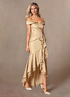 Azazie Billings Moeder van de bruid jurken Zeemeermin Jurk van Stretch Satijn Off the Shoulder Champagne image6