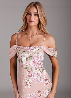Azazie Saige Bridesmaid Dresses Rosy Floral Bloom Sheath Off the Shoulder Stretch Satin Dress image2