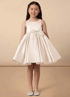 Azazie Bo Peep Flower Girl Dresses White Alabaster A-Line Bow Matte Satin Dress image1