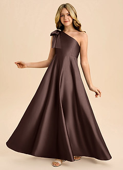 Azazie Penguin Junior A라인 절하다 스트레치 새틴 플로어 길이 주니어 신부 들러리 드레스 image1