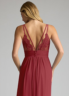 Azazie Maren Allure Bridesmaid Dresses Pomegranate A-Line V-Neck Lace Chiffon Dress image2