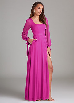 Azazie Leonia Bridesmaid Dresses Fuchsia A-Line Long Sleeve Mesh Dress image3