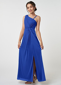 Azazie Brooke Junior Abito A-Line in Maglia Plissettato Blu Reale image3