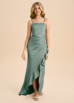Azazie Buzzy Junior Silver Sage Sheath Pleated Stretch Satin Dress image4