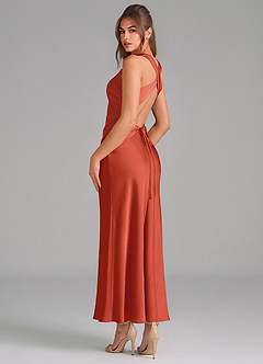 Azazie Evadne Bridesmaid Dresses Rust Sheath Pleated Stretch Satin Dress image2