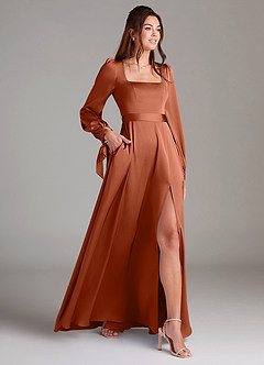 Azazie Leonia Bridesmaid Dresses Cedar Rose A-Line Long Sleeve Stretch Satin Dress image4