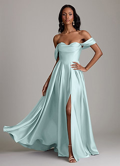 Azazie Loisa Abiti da Damigella Abito A-Line in Raso Elasticizzato a Spalla Scoperta Sea Glass image1