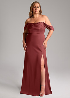 Azazie Saige Bridesmaid Dresses Terracotta Sheath Off the Shoulder Stretch Satin Dress image16