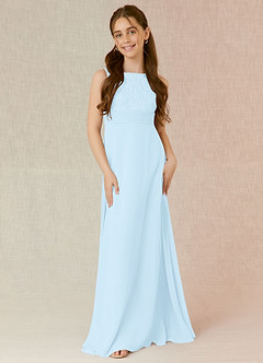 Azazie Snow Junior Sky Blue A-Line Lace Chiffon Dress image4