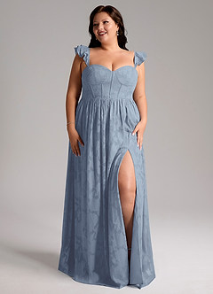 Azazie Denisse At-home Try On Dresses Dusty Blue A-Line Ruched Floral Burnout Dress image9