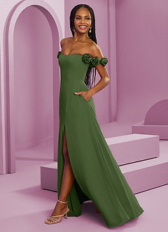 Barbie ♥ Azazie Suknie dla druhen Rozkloszowana szyfonowa sukienka z odkrytymi ramionami i kwiatowymi rozetkami image6