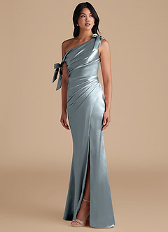 Azazie Xyla Robes de demoiselle d'honneur Robe Fourreau Convertible en Satiné métallisé Épaule décolletée Bleu Poussiéreux image6