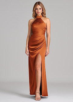 Azazie Karlotta Bridesmaid Dresses Cinnamon Sheath Pleated Stretch Satin Dress image1