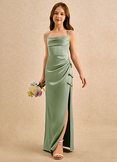 Azazie Bundt Girls Formal 플라워 걸 드레스 A라인 주름진 스트레치 새틴 플로어 길이 드레스 image5