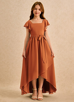 Azazie Milly Girls Formal Robe Demoiselle D'honneur Fillette Robe Trapèze en Mousseline de soie Plissée Cannelle image5