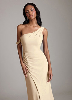 Azazie Madelyn Vestidos de damas de honor Vestido de Champán de Gasa de Corte Sirena Convertible con Hombro unilateral image4