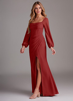 Azazie Charissa Robes de demoiselle d'honneur Robe Fourreau en Mousseline de soie Manche longue Rouille image4