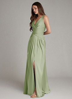 Azazie Pauline Final Sale Dusty Sage A-Line Pleated Stretch Satin Dress image6