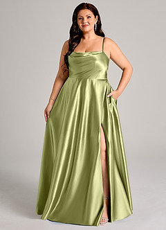 Azazie Elle Vestidos de damas de honor Vestido de Pistacho de Satén Metálico de Corte en A con Con bolsillos image7