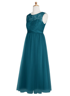 Azazie Georgette Junior Ink Blue A-Line Lace Tulle Dress image10