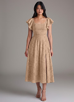Azazie Bondi Bridesmaid Dresses Champagne A-Line Ruched Floral Burnout Dress image4