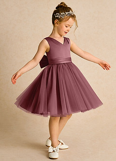 Azazie Tadpole Flower Girl Dresses Desert Rose A-Line Pleated Matte Satin Dress image3