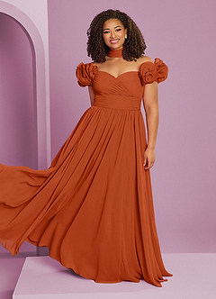 Barbie ♥ Azazie Jurken voor bruidsmeisjes Converteerbaar Jurk van Chiffon met A-Lijn Off the Shoulder Verbrande Sinaasappel image1