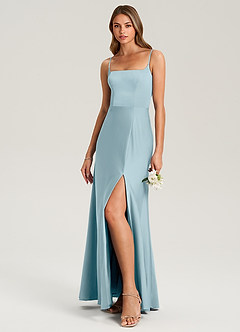 Azazie Lidia Bridesmaid Dresses Moody Blue Mermaid Side Slit Stretch Satin Dress image3
