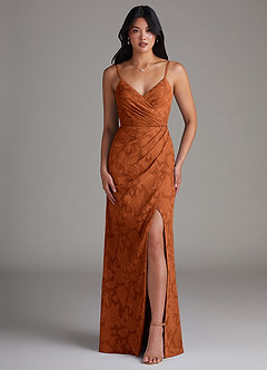 Azazie Maci Robes de demoiselle d'honneur Robe Fourreau en Blumen-Burnout Plissée Orange Brûlée image1