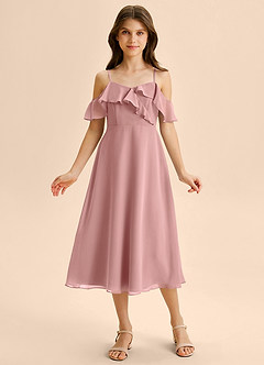 Azazie Kamilla Junior Vestido de Rosa Polvorienta de Gasa de Corte en A con Vestidos sin tirantes image6