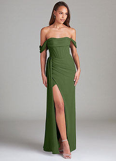 Azazie Amyra Bridesmaid Dresses Olive Sheath Off the Shoulder Chiffon Convertible Dress image4