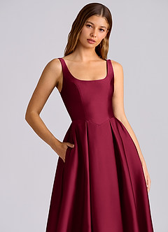 Azazie Amalie Bridesmaid Dresses Burgundy A-Line Pleated Stretch Satin Dress image2
