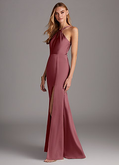 Azazie Elana Bridesmaid Dresses Desert Rose Sheath Side Slit Stretch Satin Dress image3