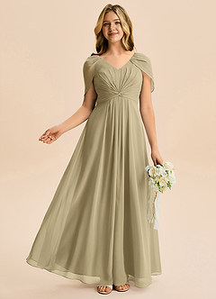 Azazie Emma Junior Robe Trapèze en Mousseline de soie Plissée Vert Mousse image5