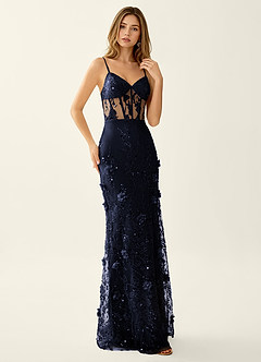 Risqunma Navy 3D Flowers Sequin Embroidery Beading Tulle Prom Dress image4