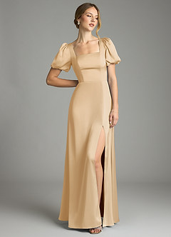 Azazie Fyona Bridesmaid Dresses Gold A-Line Pleated Stretch Satin Dress image3